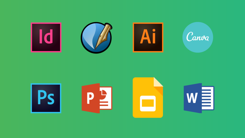 Een verzameling logos van verschillende beeld en tekstverwerkingsprogrammas.